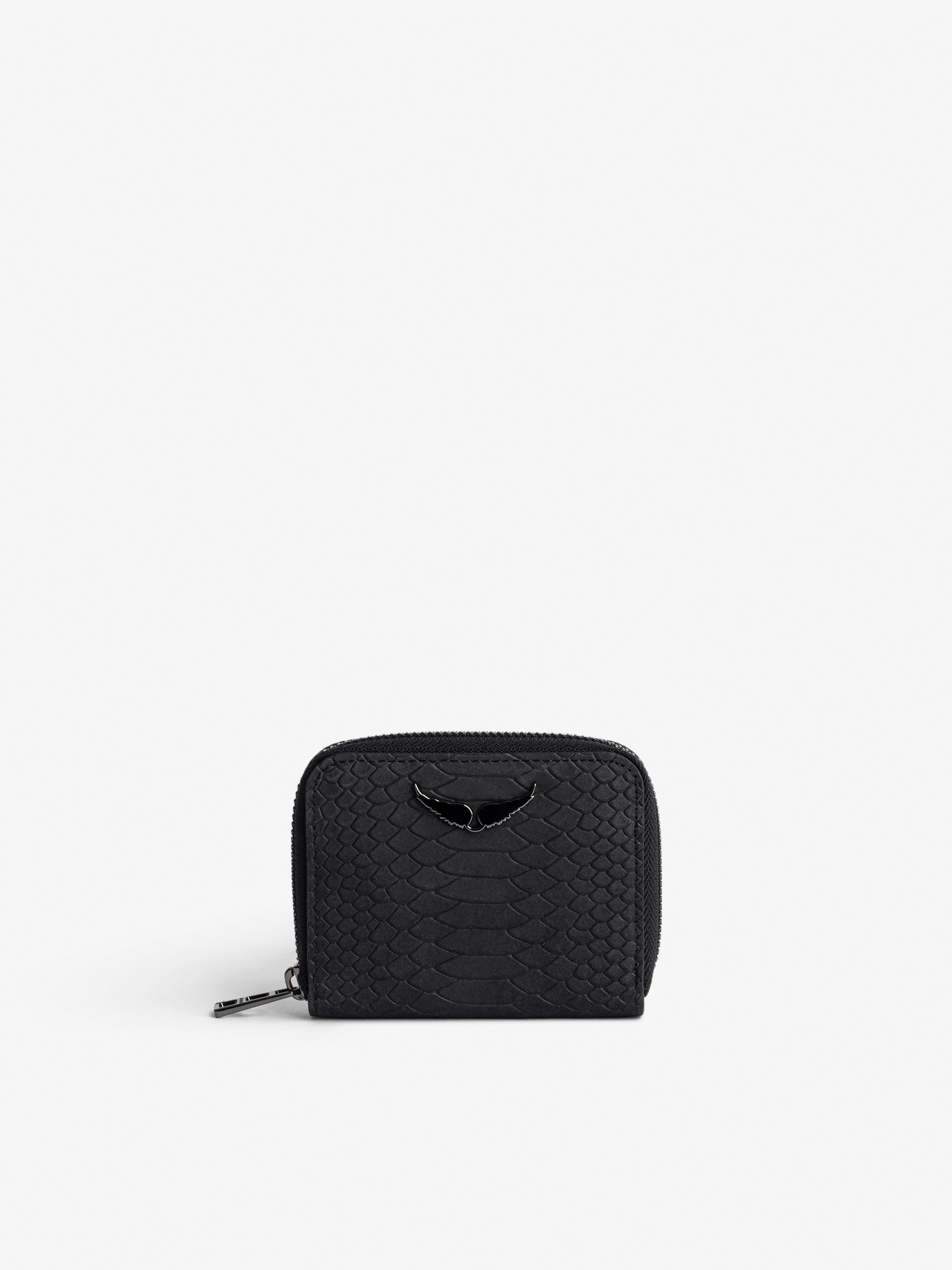 Portemonnaie Mini ZV - Damen-Portemonnaie aus schwarzem Leder in Python-Optik