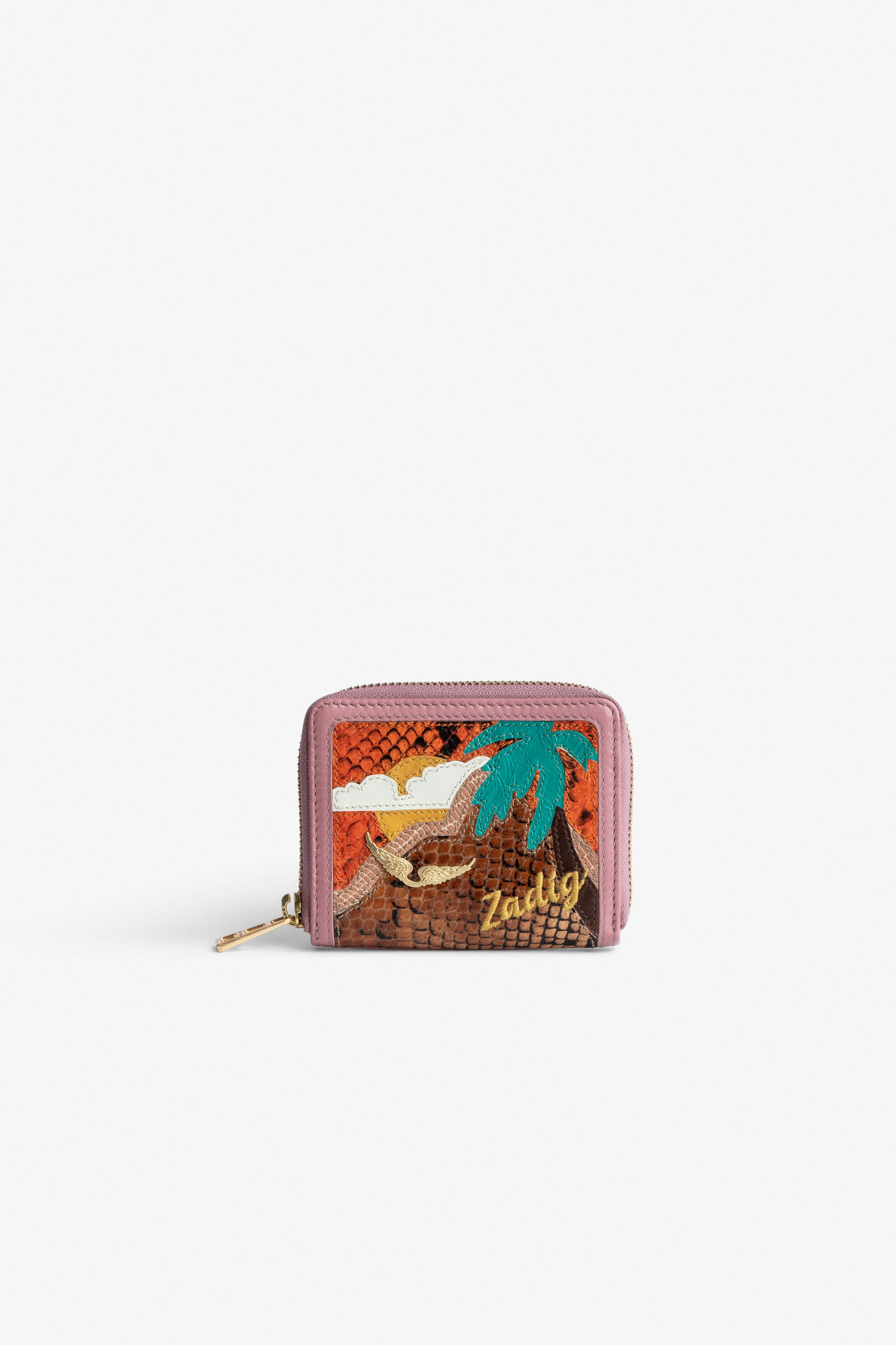 Portemonnaie Mini ZV Damen-Portemonnaie aus rosafarbenem Leder mit Island-Motiv