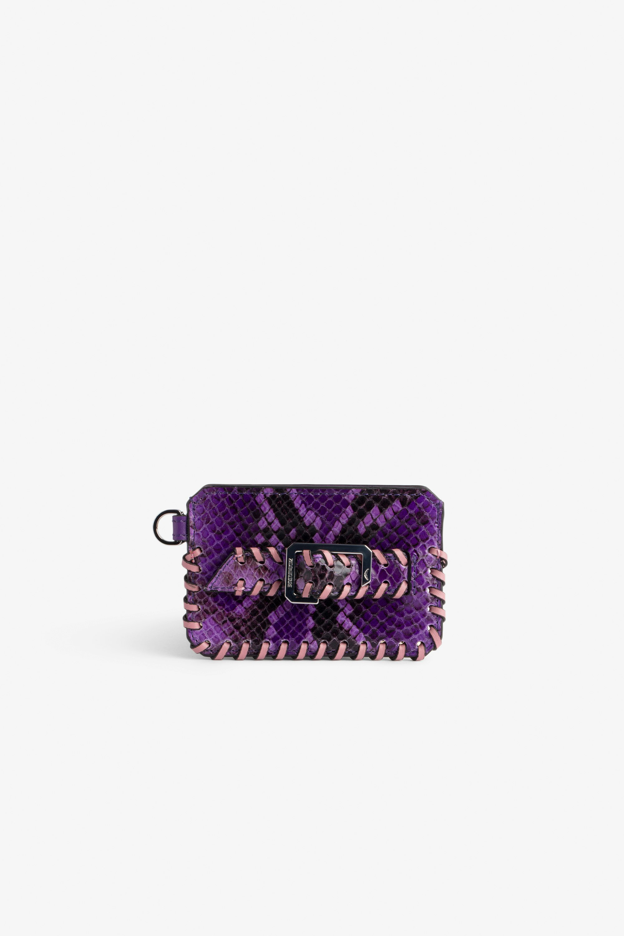 Le Cecilia Pass Card Case Women’s card case in purple python-effect leather, with a C-shaped buckle and braided edges