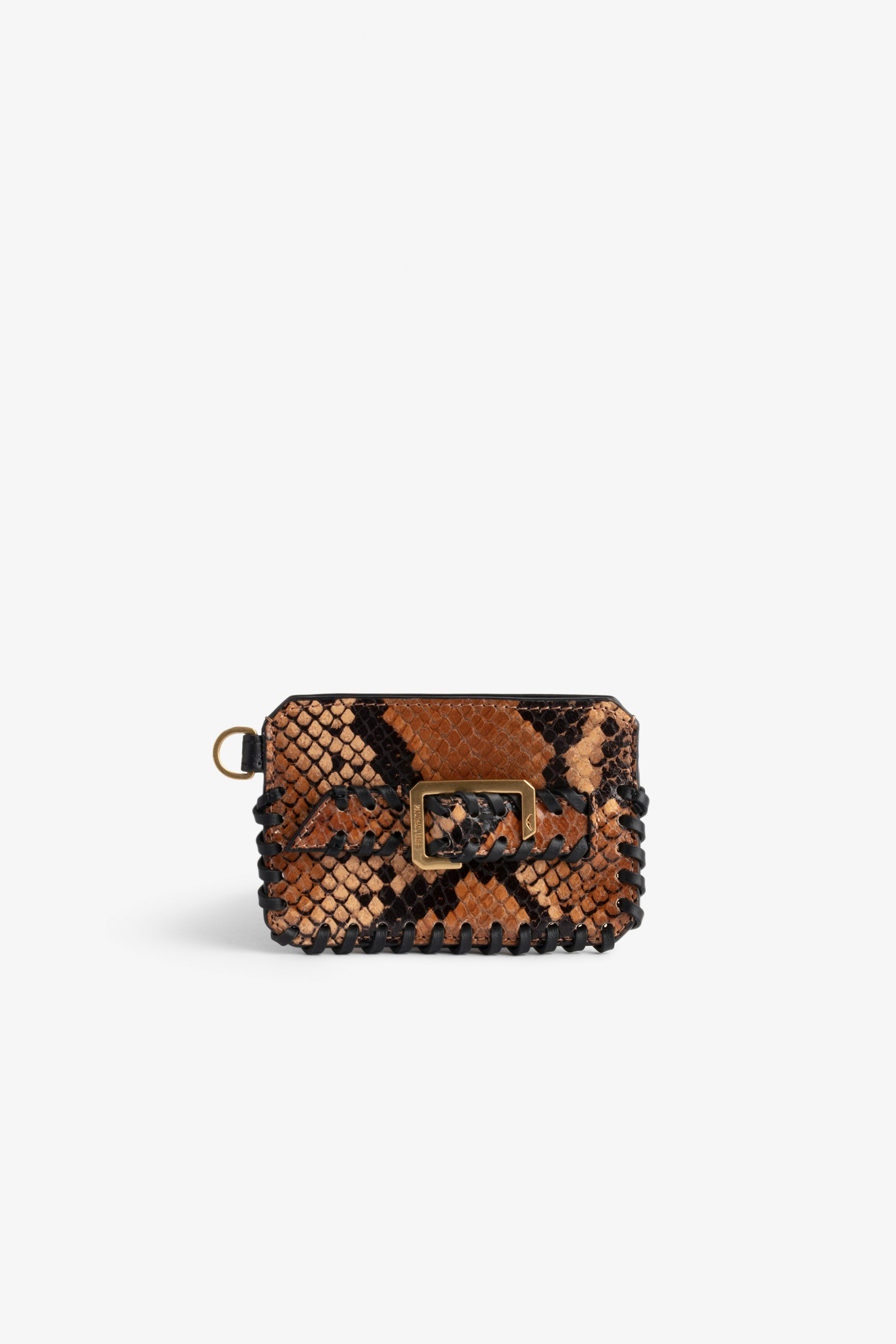 Le Cecilia Pass Card Case Women’s card case in brown python-effect leather, with a C-shaped buckle and braided edges