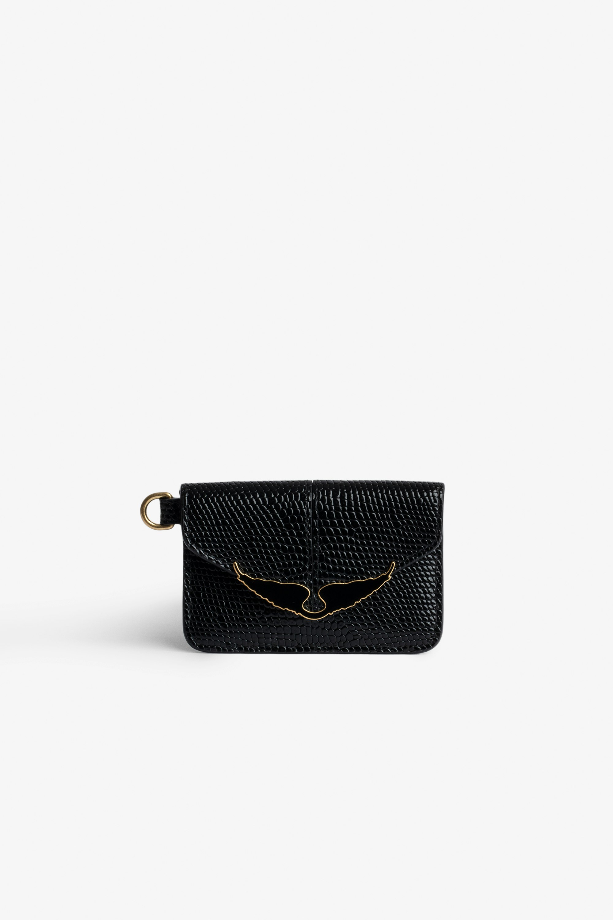 Borderline Pass Card Case - Women’s card case in shiny black leather with embossed iguana and black lacquered wings on the clasp
