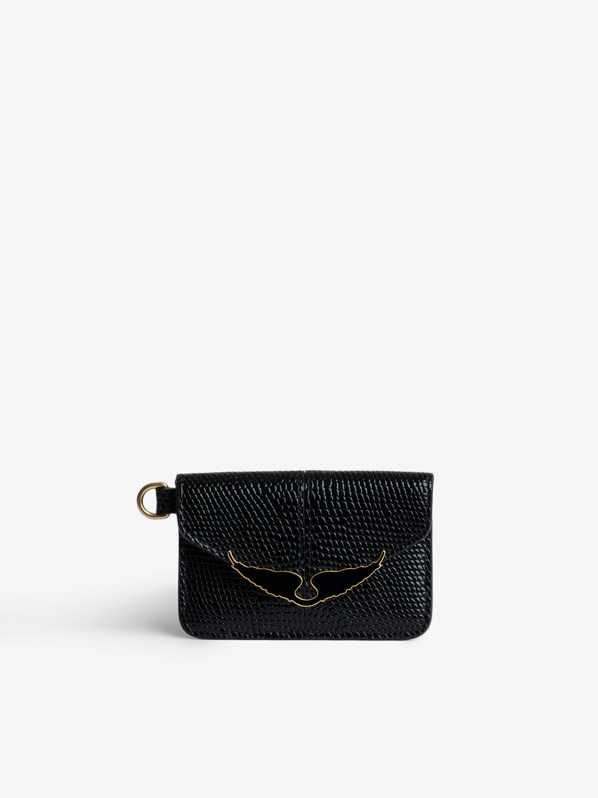 Borderline Pass Card Case - Women’s card case in shiny black leather with embossed iguana and black lacquered wings on the clasp