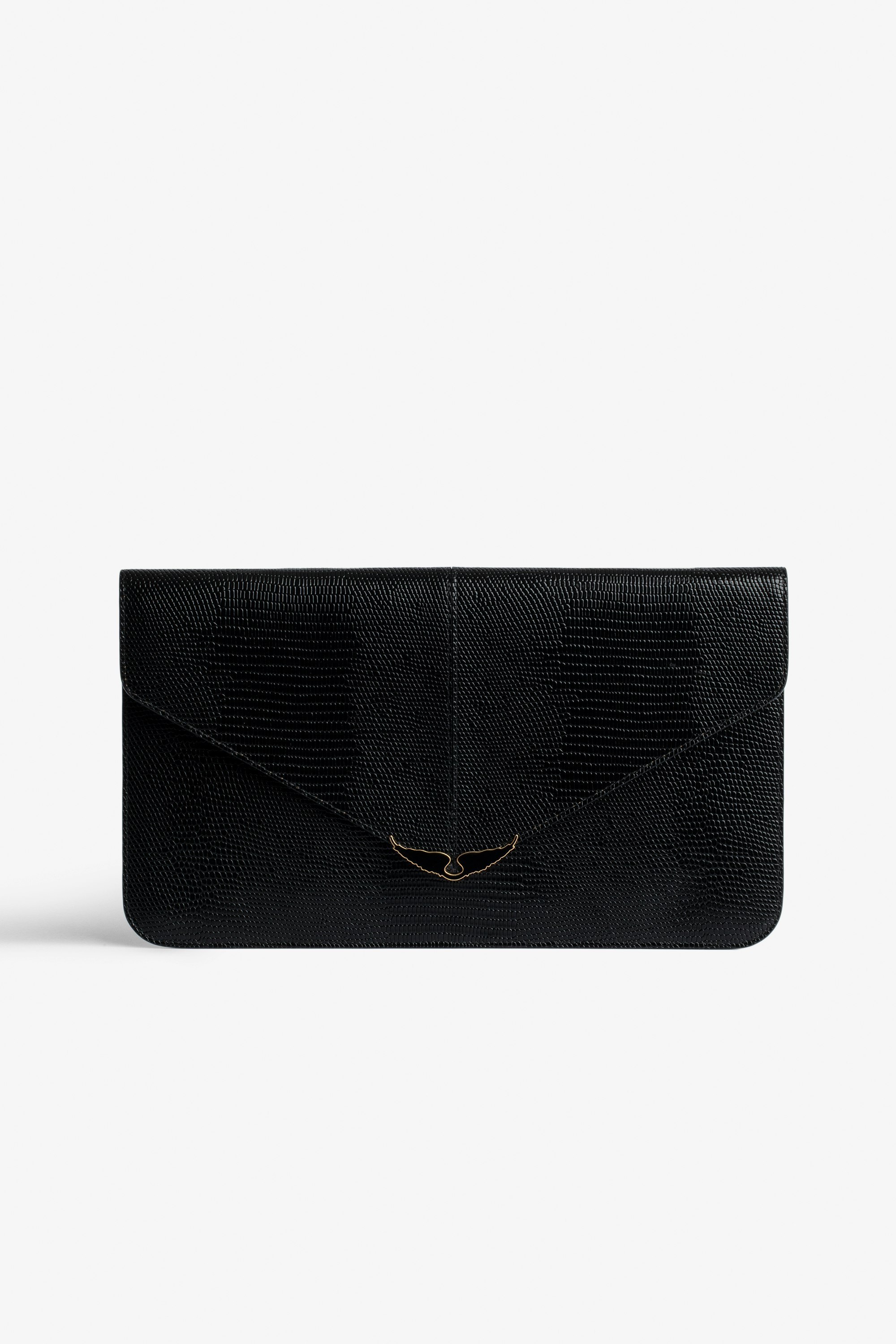 Borderline Clutch - Women’s envelope clutch in shiny black leather with embossed iguana, khaki suede interior, and black lacquered wings on the clasp