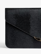 Borderline Pouch - Women’s envelope clutch in shiny black leather with embossed iguana, khaki suede interior, and black lacquered wings on the clasp.
