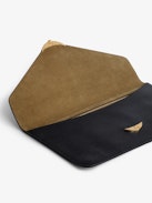 Borderline Pouch - Women’s envelope clutch in shiny black leather with embossed iguana, khaki suede interior, and black lacquered wings on the clasp.