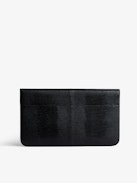 Borderline Pouch - Women’s envelope clutch in shiny black leather with embossed iguana, khaki suede interior, and black lacquered wings on the clasp.