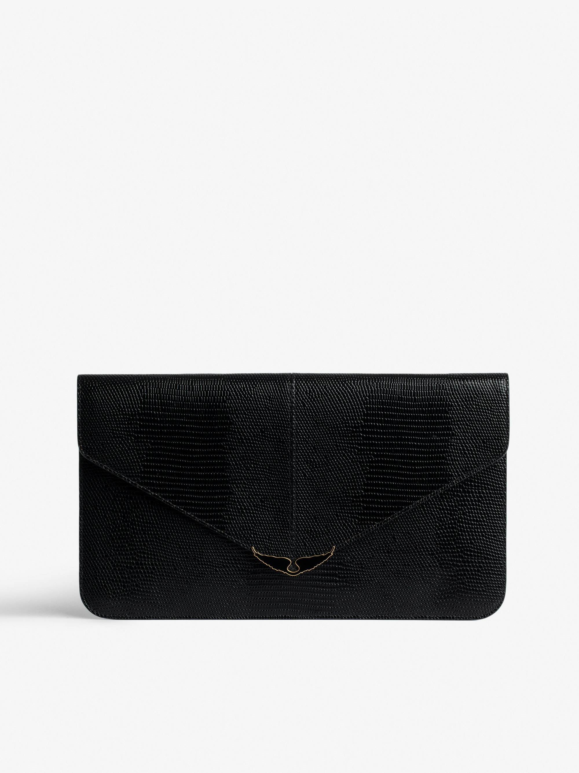 Borderline Pouch - Women’s envelope clutch in shiny black leather with embossed iguana, khaki suede interior, and black lacquered wings on the clasp.