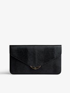 Borderline Pouch - Women’s envelope clutch in shiny black leather with embossed iguana, khaki suede interior, and black lacquered wings on the clasp.