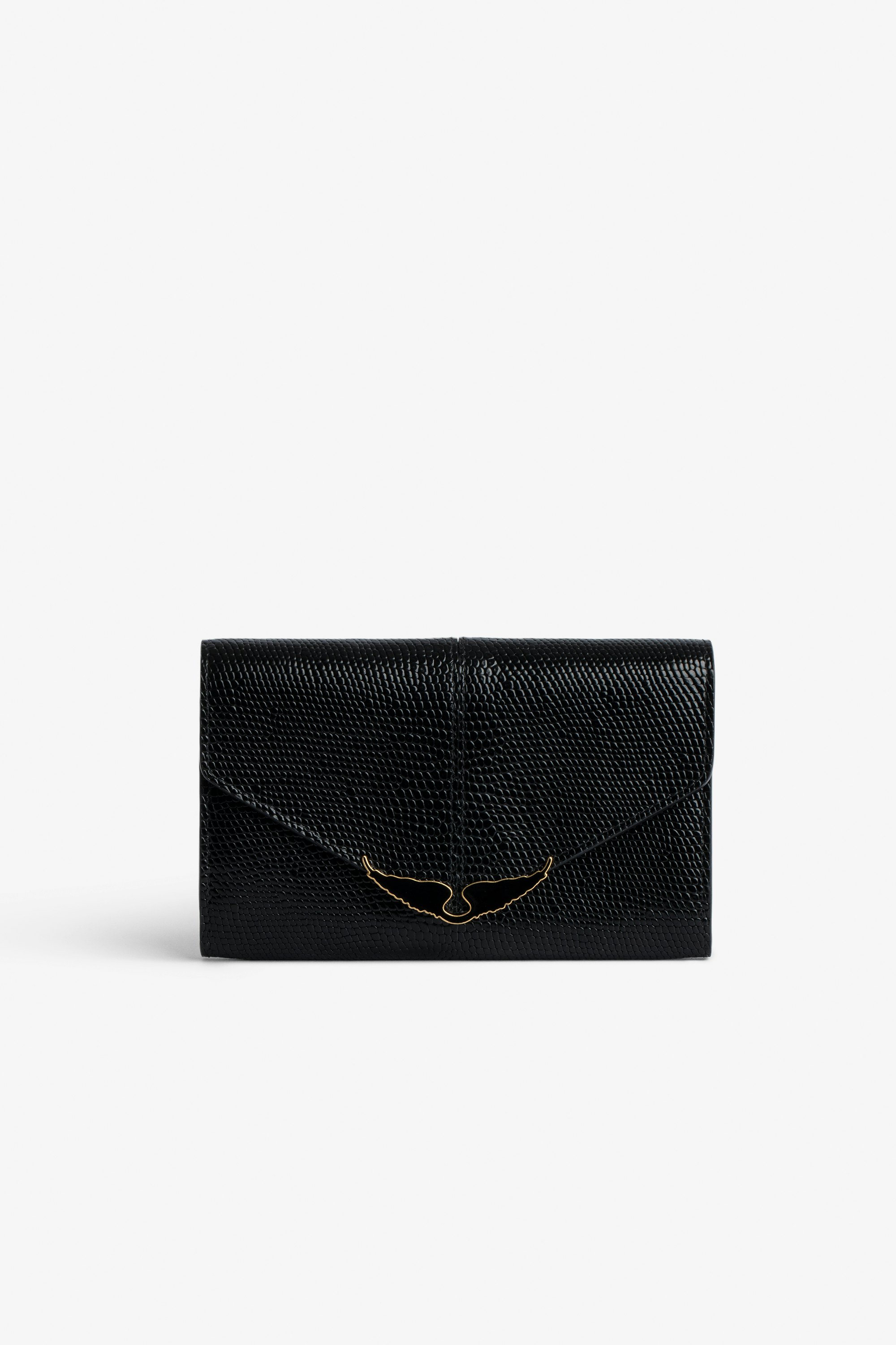 Borderline Wallet - Women’s wallet in shiny black leather with embossed iguana and black lacquered wings on the clasp.