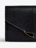 Borderline Wallet - Women’s wallet in shiny black leather with embossed iguana and black lacquered wings on the clasp