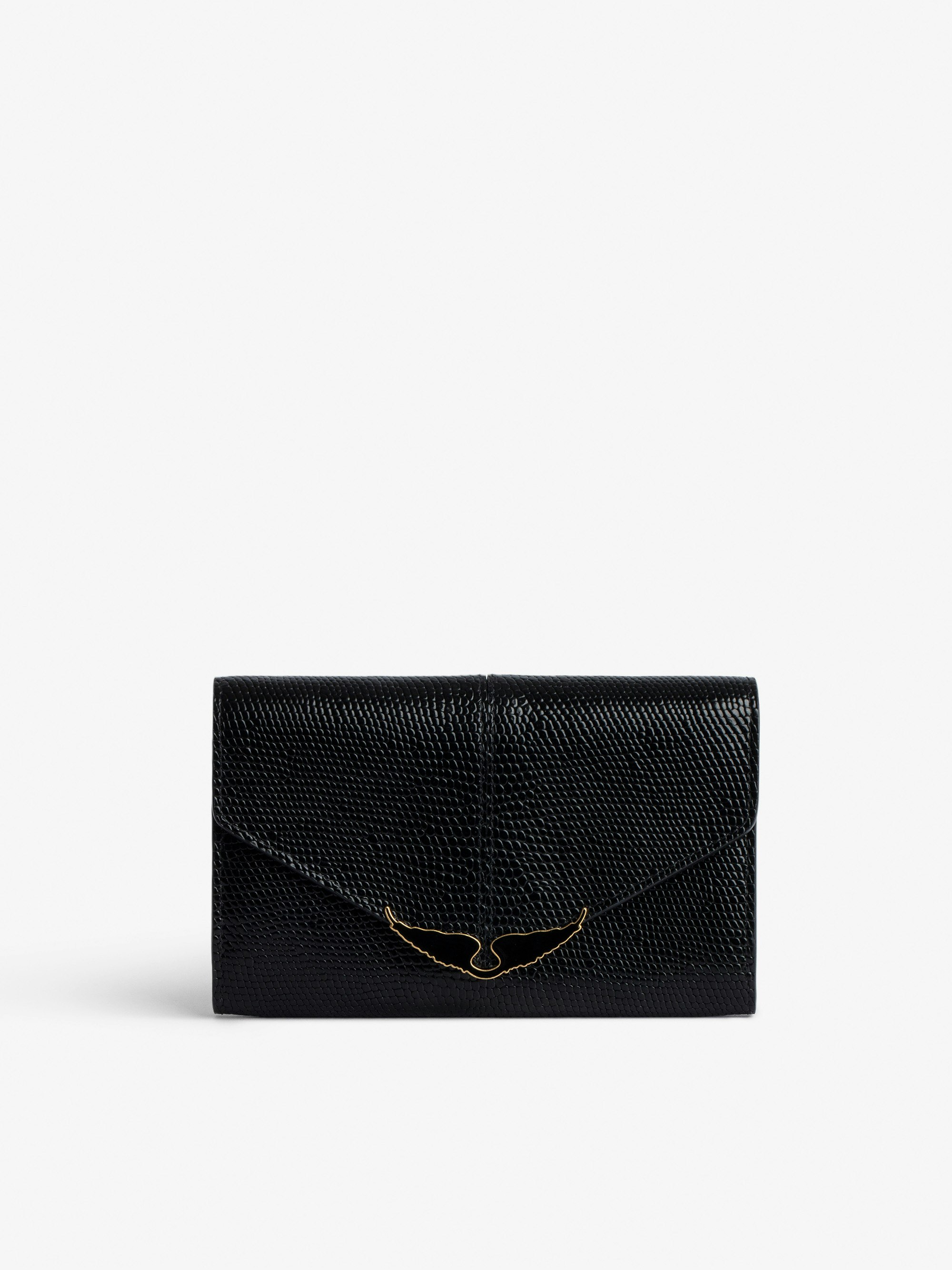 Portemonnaie Borderline - Damen-Portemonnaie aus schwarzem Glanzleder mit Leguanprägung und Verschluss mit schwarz lackierten Flügeln.