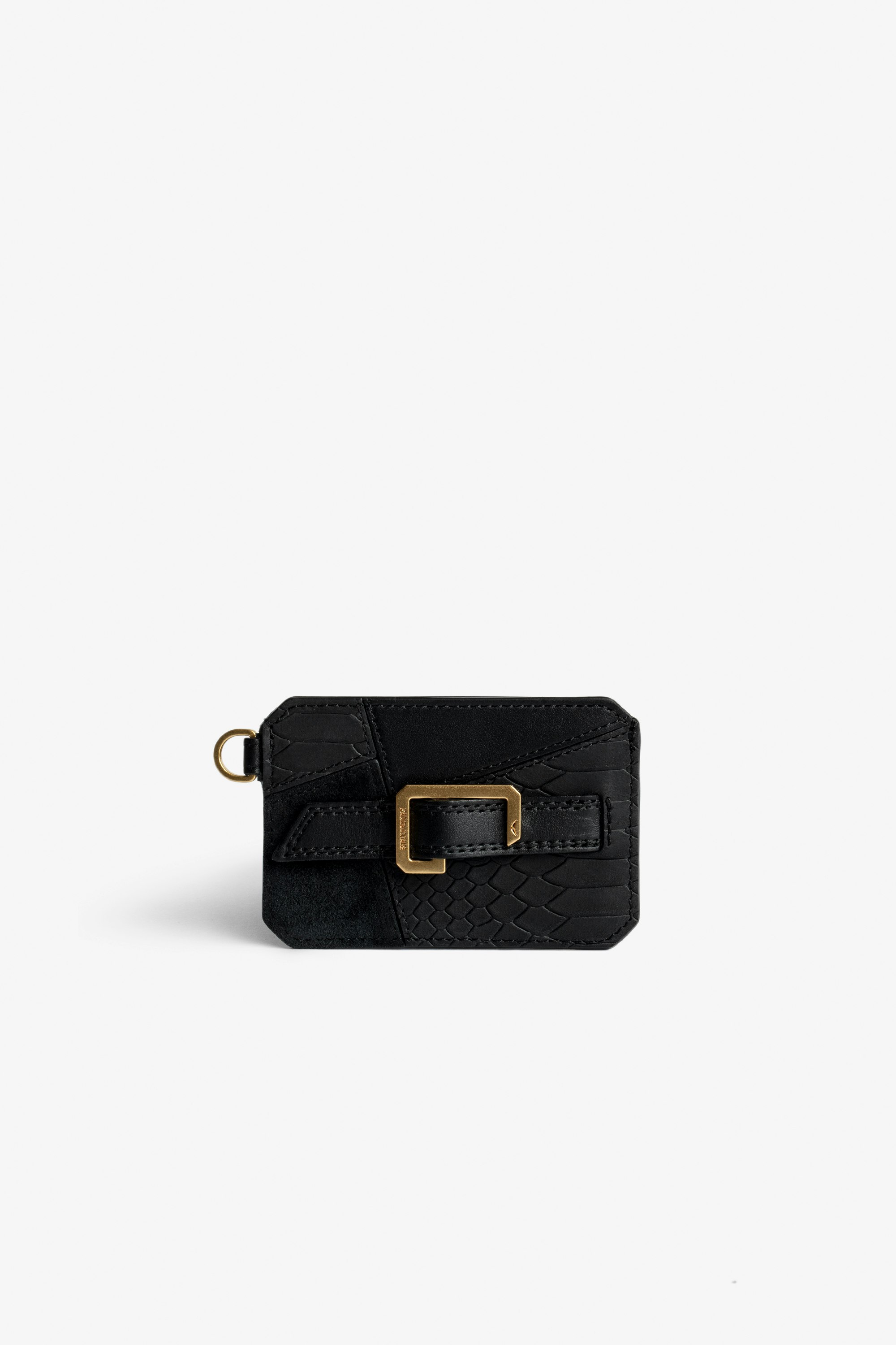Le Cecilia Savage Pass Card Case - Women's card case in black leather patchwork with a C-shaped gold-tone buckle