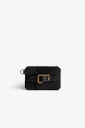 Le Cecilia Savage Pass Card Case - Women's card case in black leather patchwork with a C-shaped gold-tone buckle
