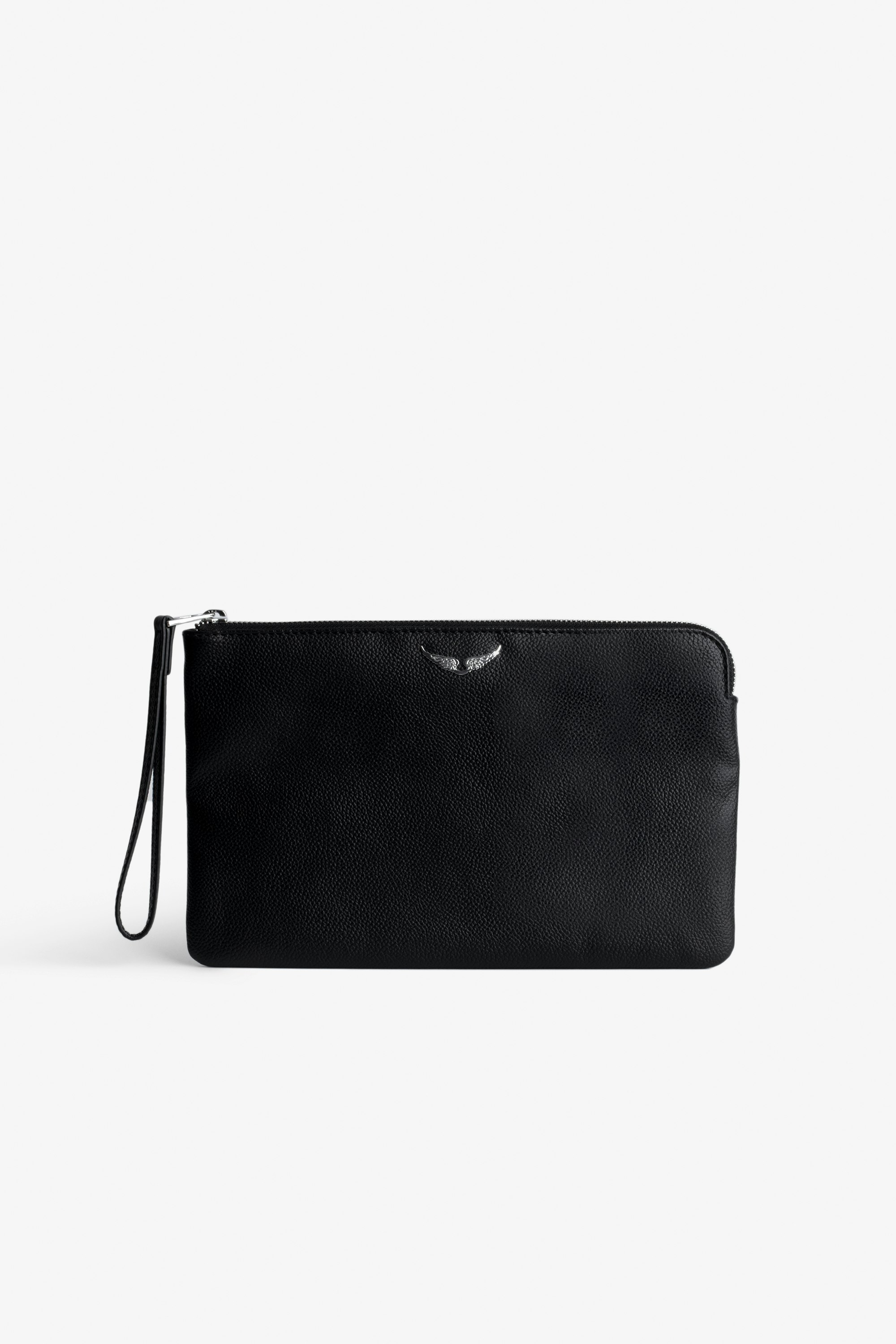 Uma Clutch - Black leather clutch with wrist strap and silver wings charm on front.