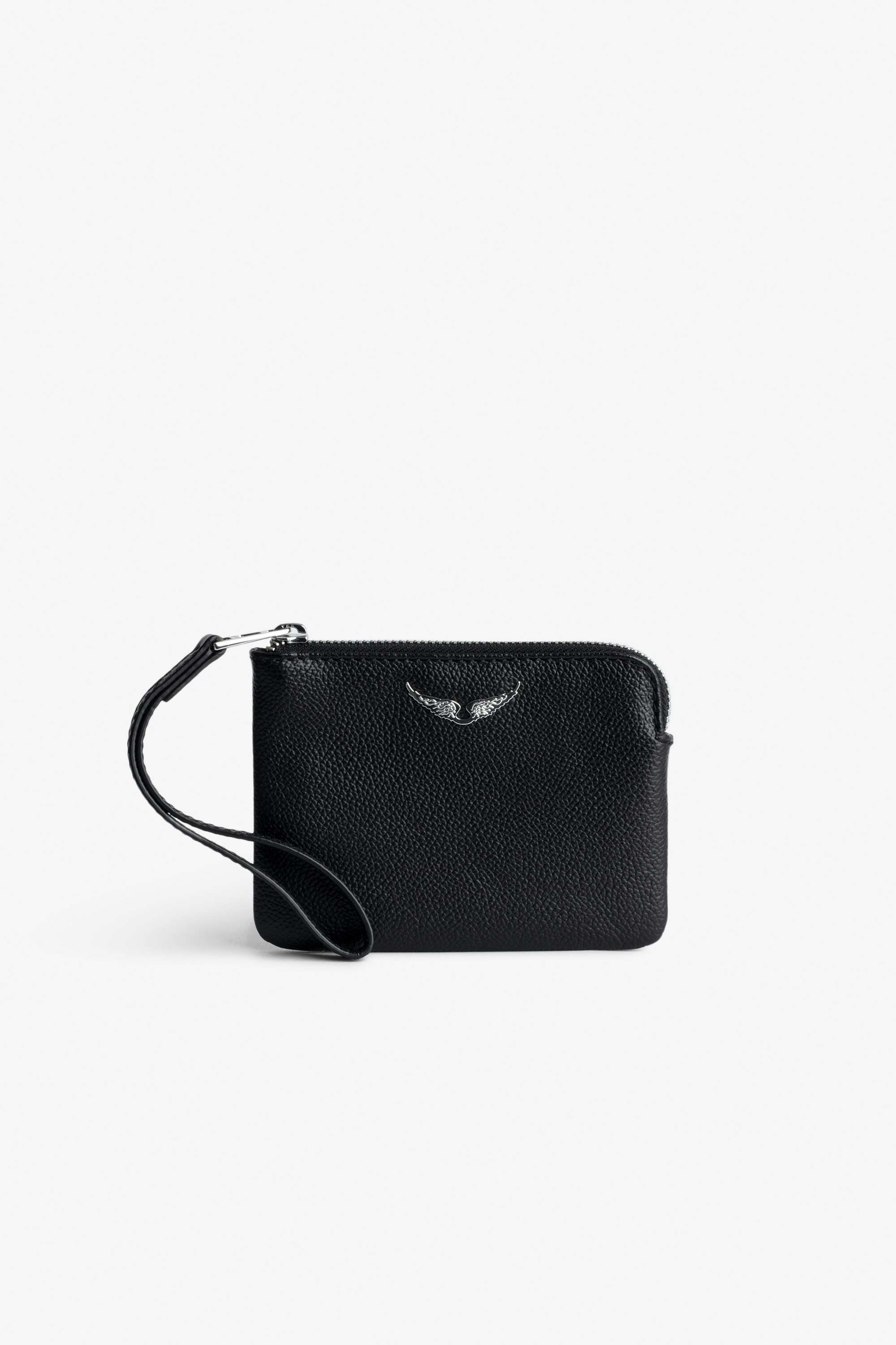 Mini Uma Clutch - Mini black leather clutch with wrist strap and silver wings charm on front.