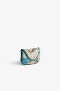 Pochette Secret - Mini pochette en cuir écru motif fleuri à bords tressés turquoise Femme