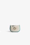 Pochette Secret - Mini pochette en cuir écru motif fleuri à bords tressés turquoise Femme