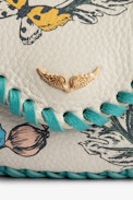 Pochette Secret - Mini pochette en cuir écru motif fleuri à bords tressés turquoise Femme