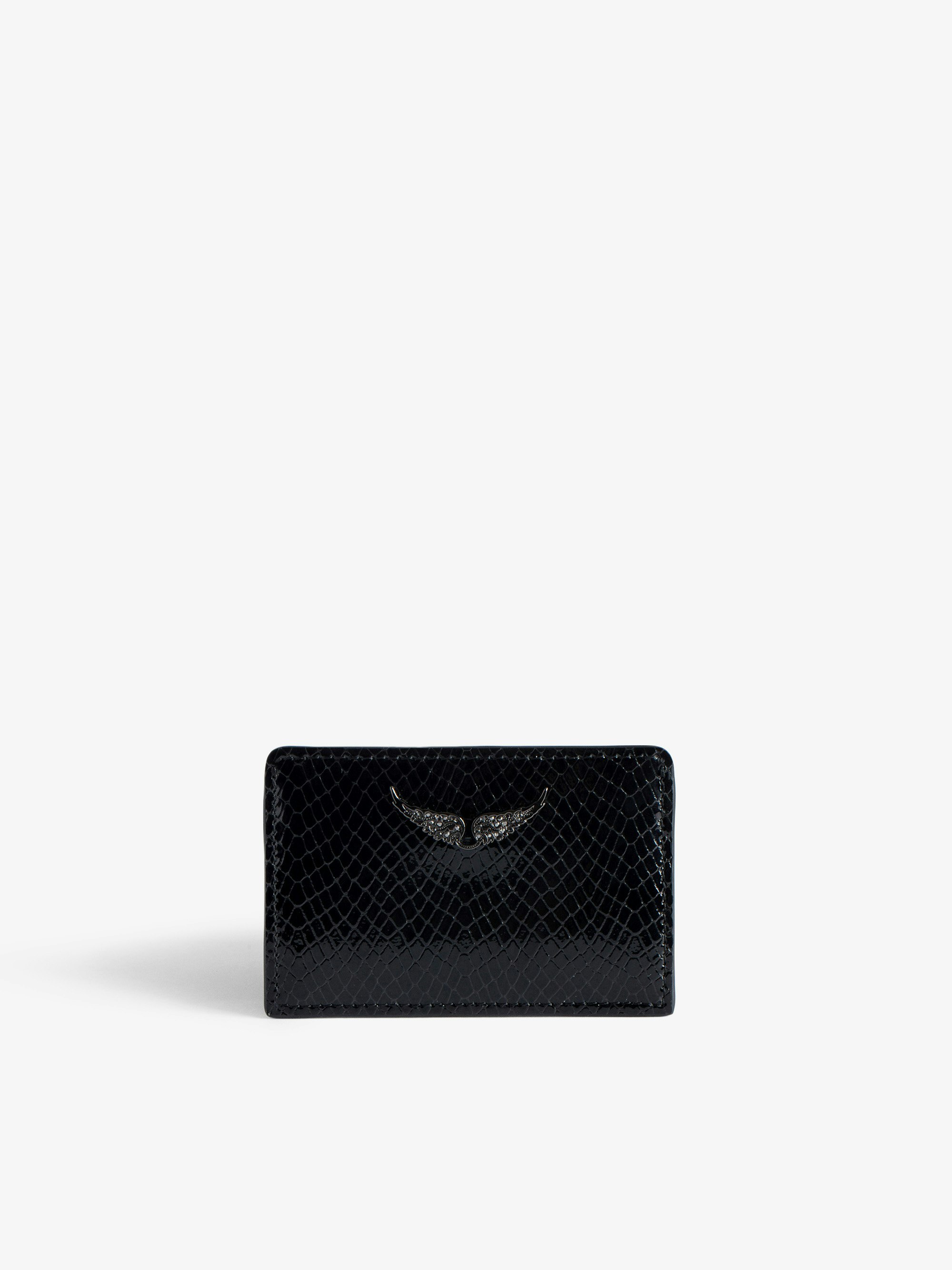 ZV Pass Glossy Wild Embossed Card Holder - Women’s black python-effect patent leather card holder with diamanté wings charm.