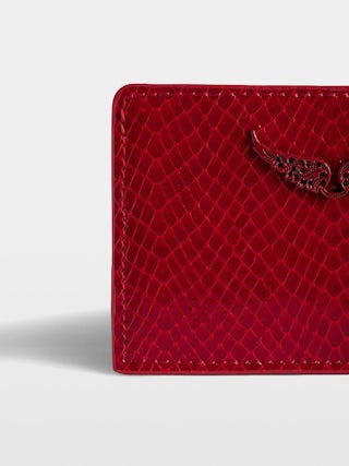 ZV Pass Glossy Wild Embossed Card Holder - Glossy python-effect leather card holder with rhinestone wing charm.
