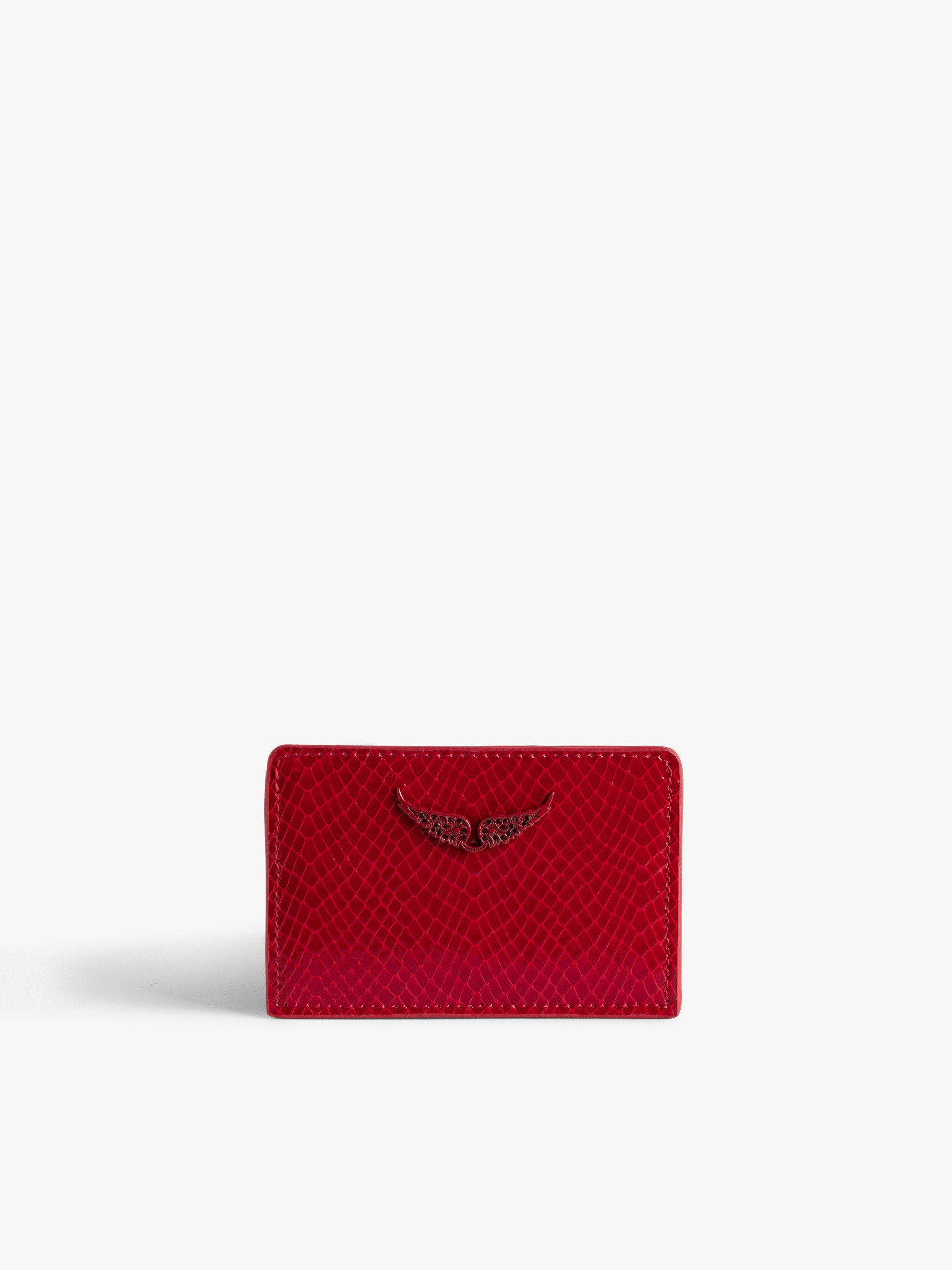 Porte-Cartes ZV Pass Glossy Wild Embossé - Porte-cartes en cuir brillant rouge effet python à charm ailes en strass.