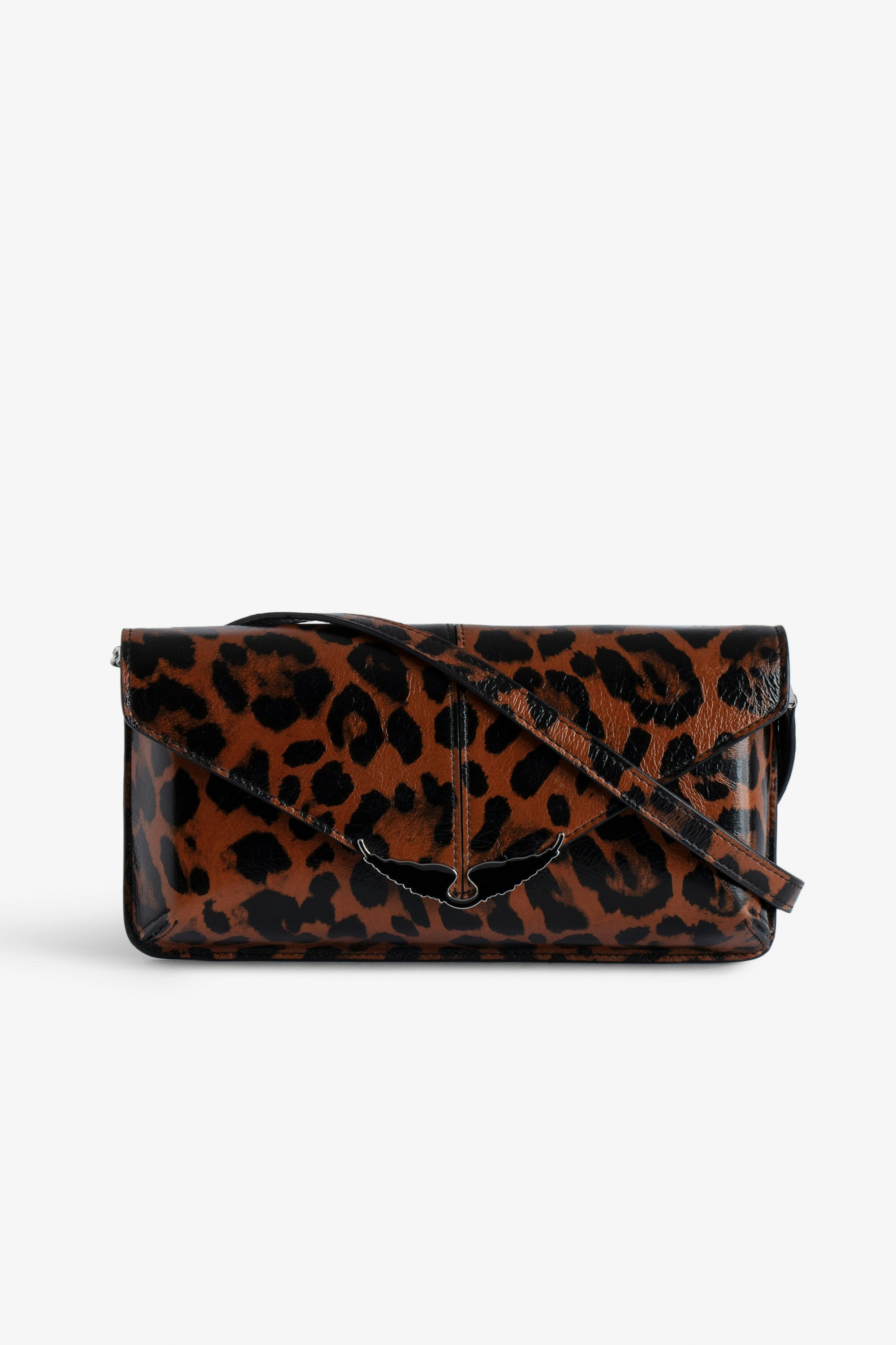 Borderline Leopard Clutch Women’s brown patent leather leopard-print clutch with shoulder strap with wings charm.