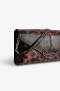 Borderline Leopard Clutch - Women’s brown patent leather leopard-print clutch with shoulder strap with wings charm.