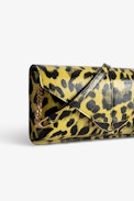 Borderline Leopard Clutch - Women’s patent yellow leather leopard-print clutch with shoulder strap with wings charm.