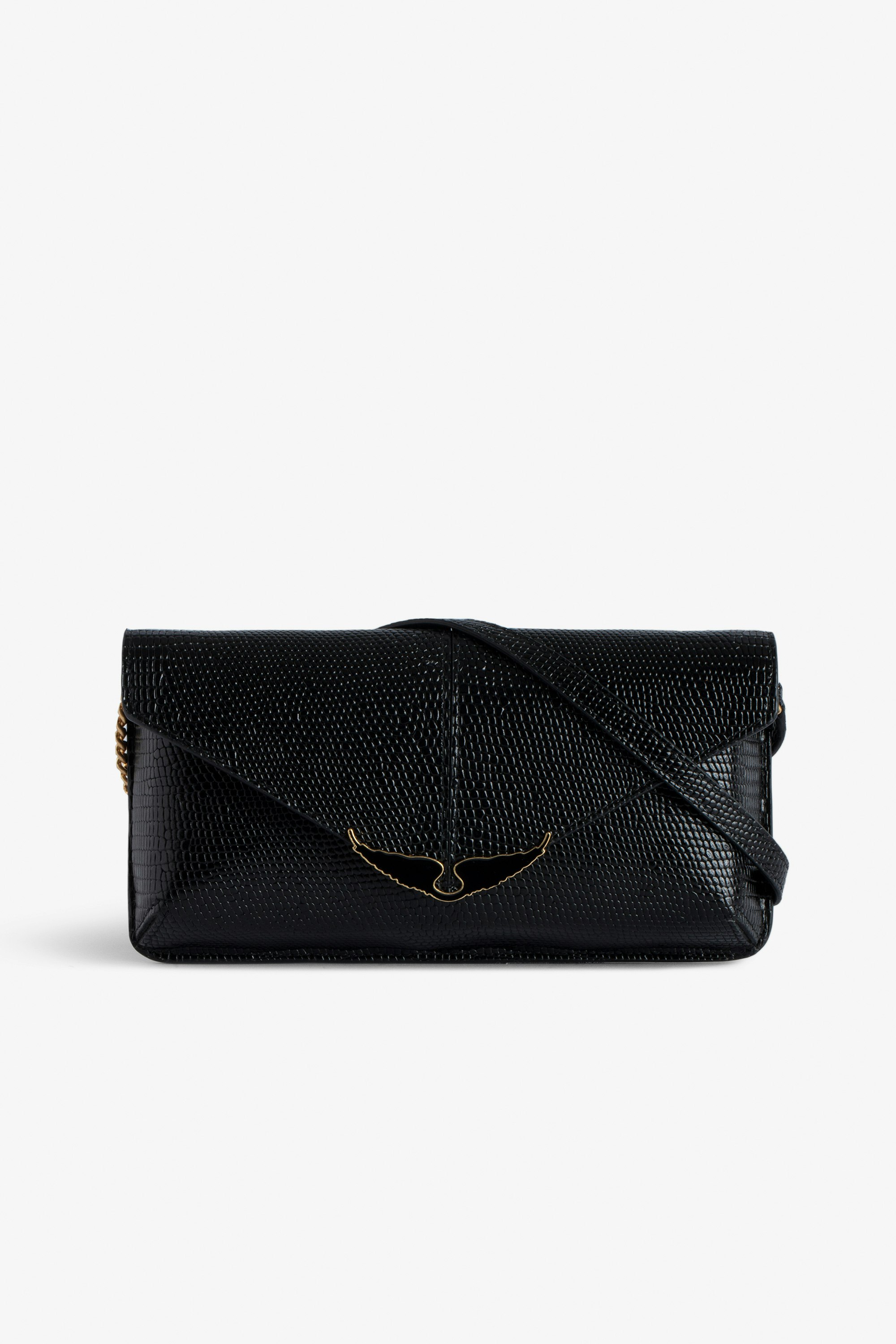 Borderline Embossed Clutch Women’s black iguana-embossed leather clutch with shoulder strap with wings charm.