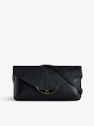 Borderline Embossed Clutch - Women’s black iguana-embossed leather clutch with shoulder strap with wings charm.