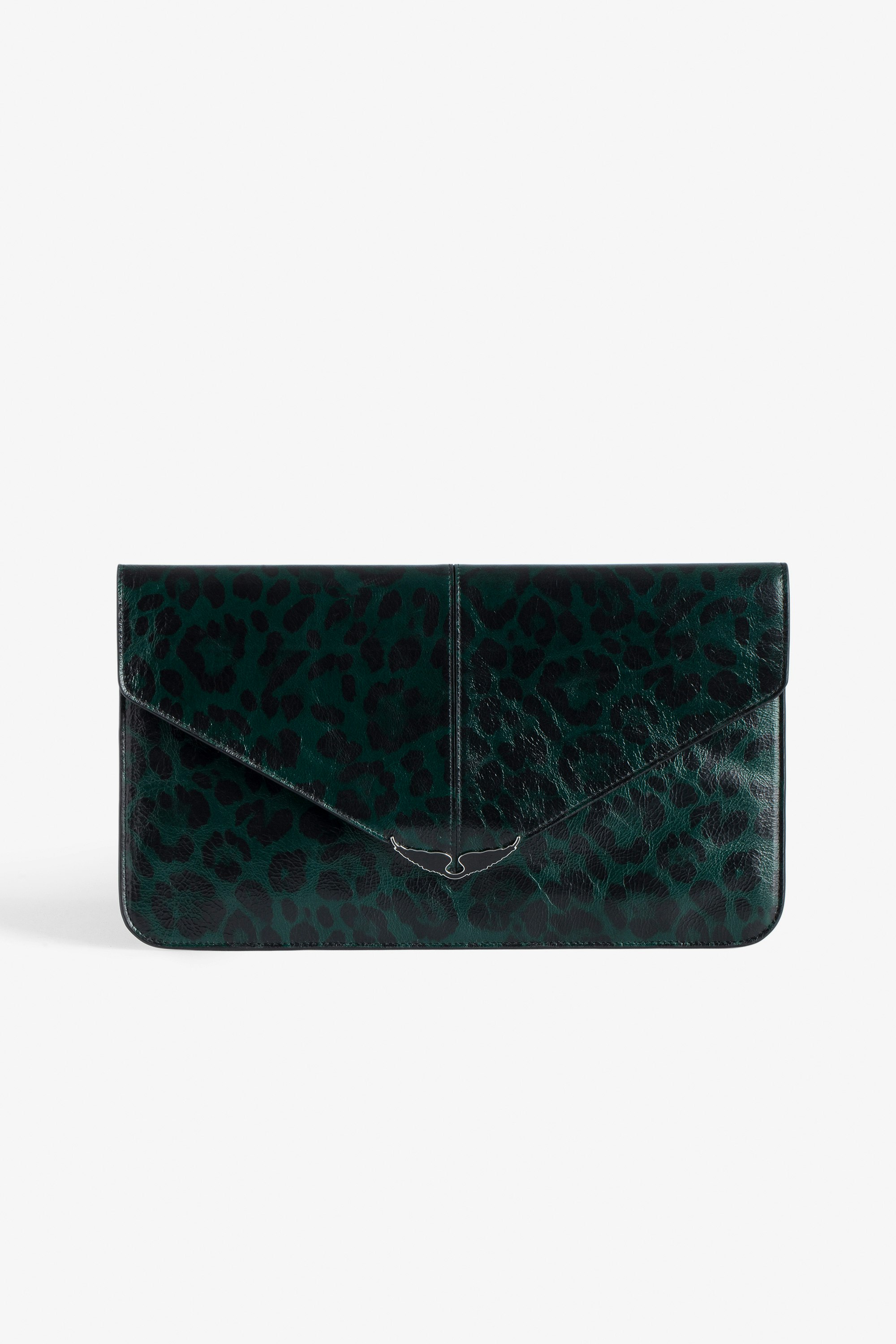 Borderline Leopard Clutch Women’s green leopard-print patent leather envelope clutch with wings charm.