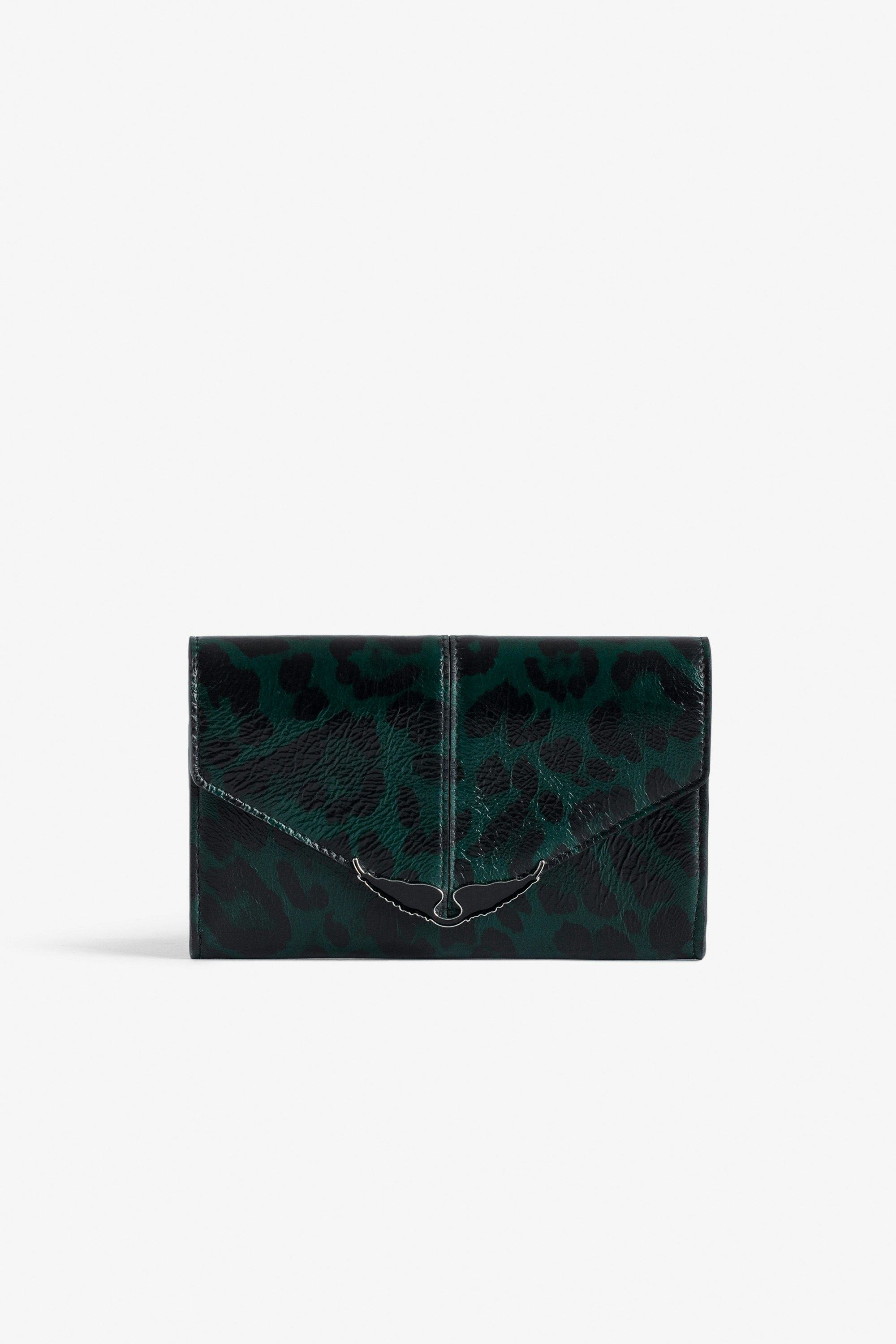 Borderline Wallet Women’s green leopard-print patent leather wallet with wings charm.
