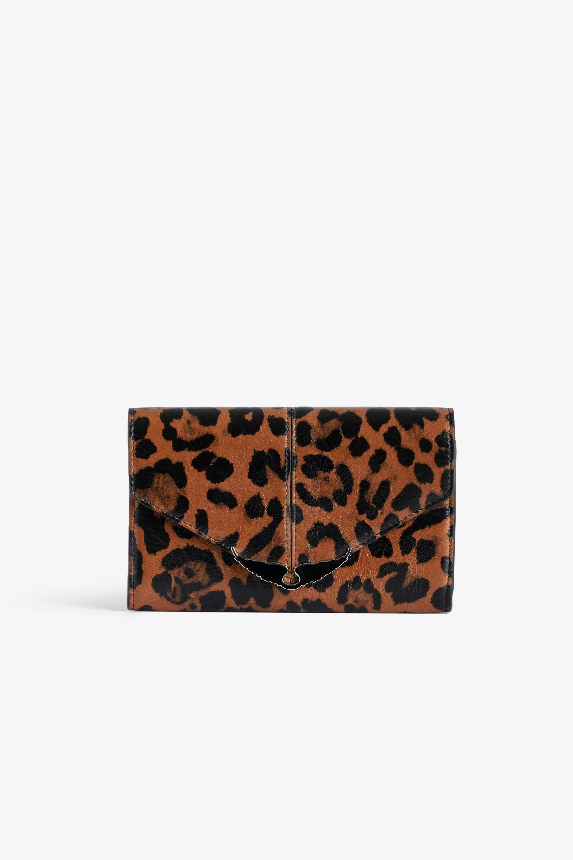 Borderline Wallet Women’s brown leopard-print patent leather wallet with wings charm.
