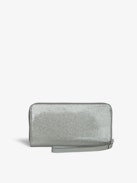 Compagnon Infinity Patent Wallet - Women’s silver glitter patent leather wallet with wristlet and wings charm.