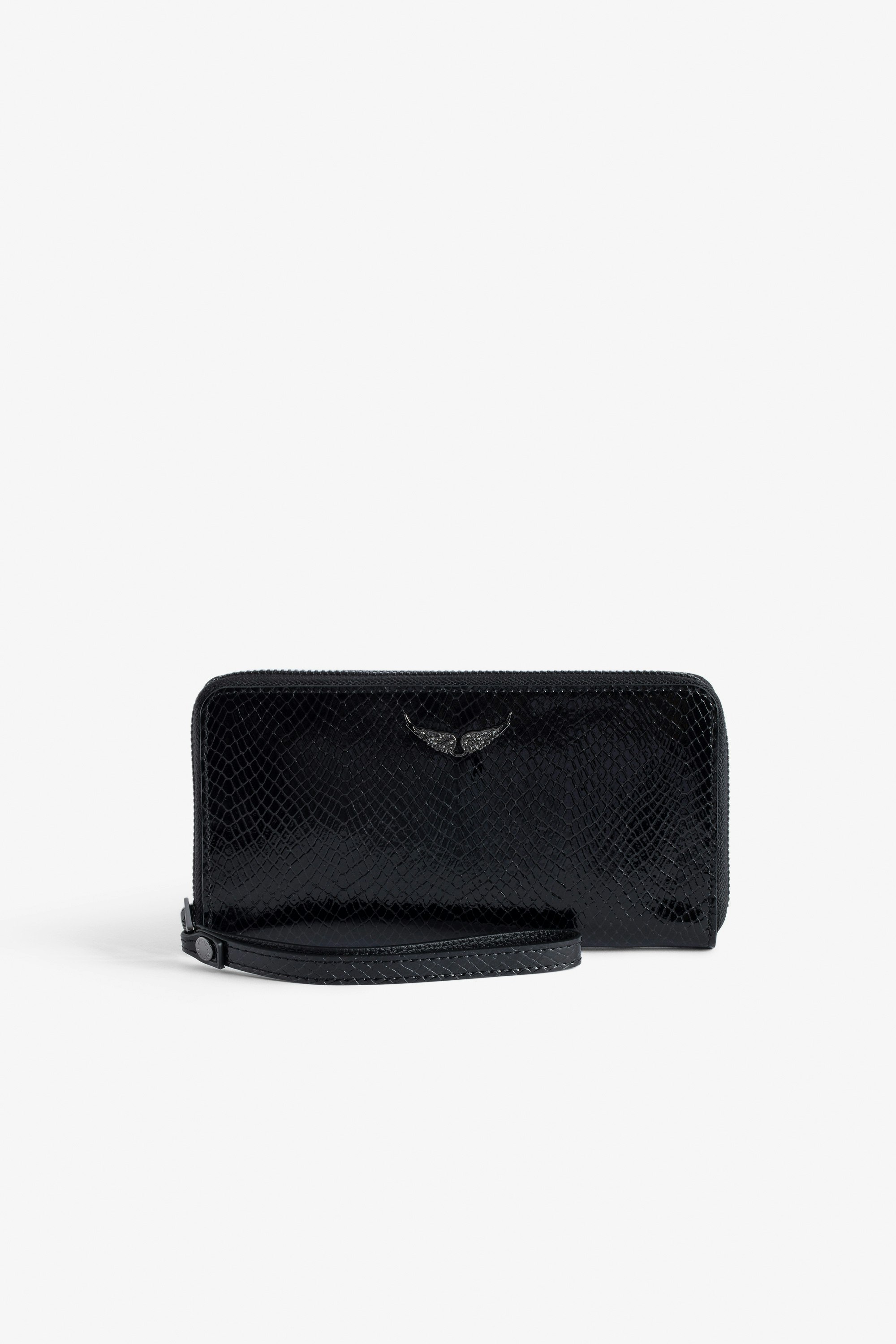 Compagnon Glossy Wild Embossed Wallet - Women’s black python-effect patent leather wallet with wings charm.