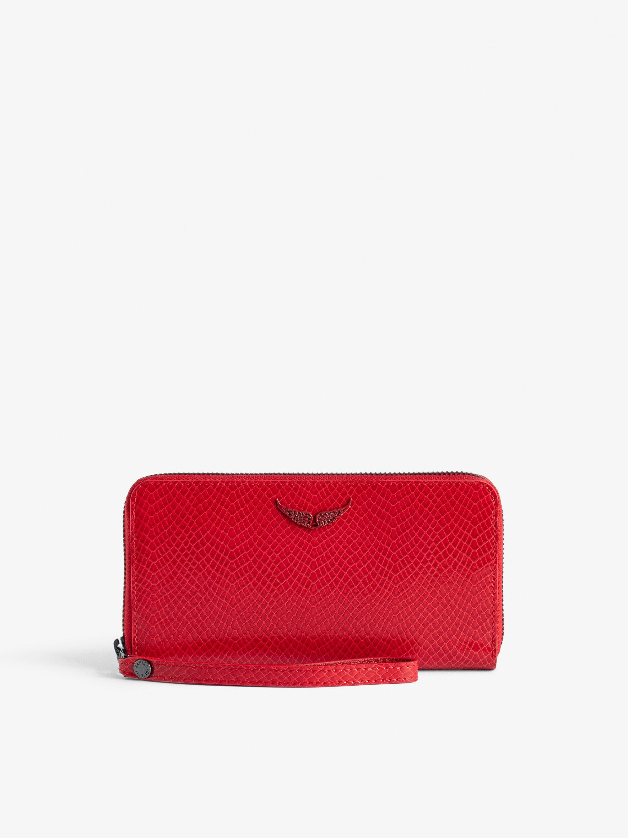 Compagnon Glossy Wild Embossed Wallet - Women’s red python-effect patent leather clutch with wings charm.