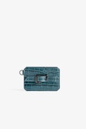 Le Cecilia Pass Embossed Card Holder - Women’s green croc-embossed leather card holder with C buckle.