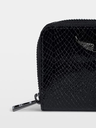 Porte-Monnaie Mini ZV Glossy Wild Embossé - Portefeuille en cuir brillant effet python orné d'un charm ailes à strass.
