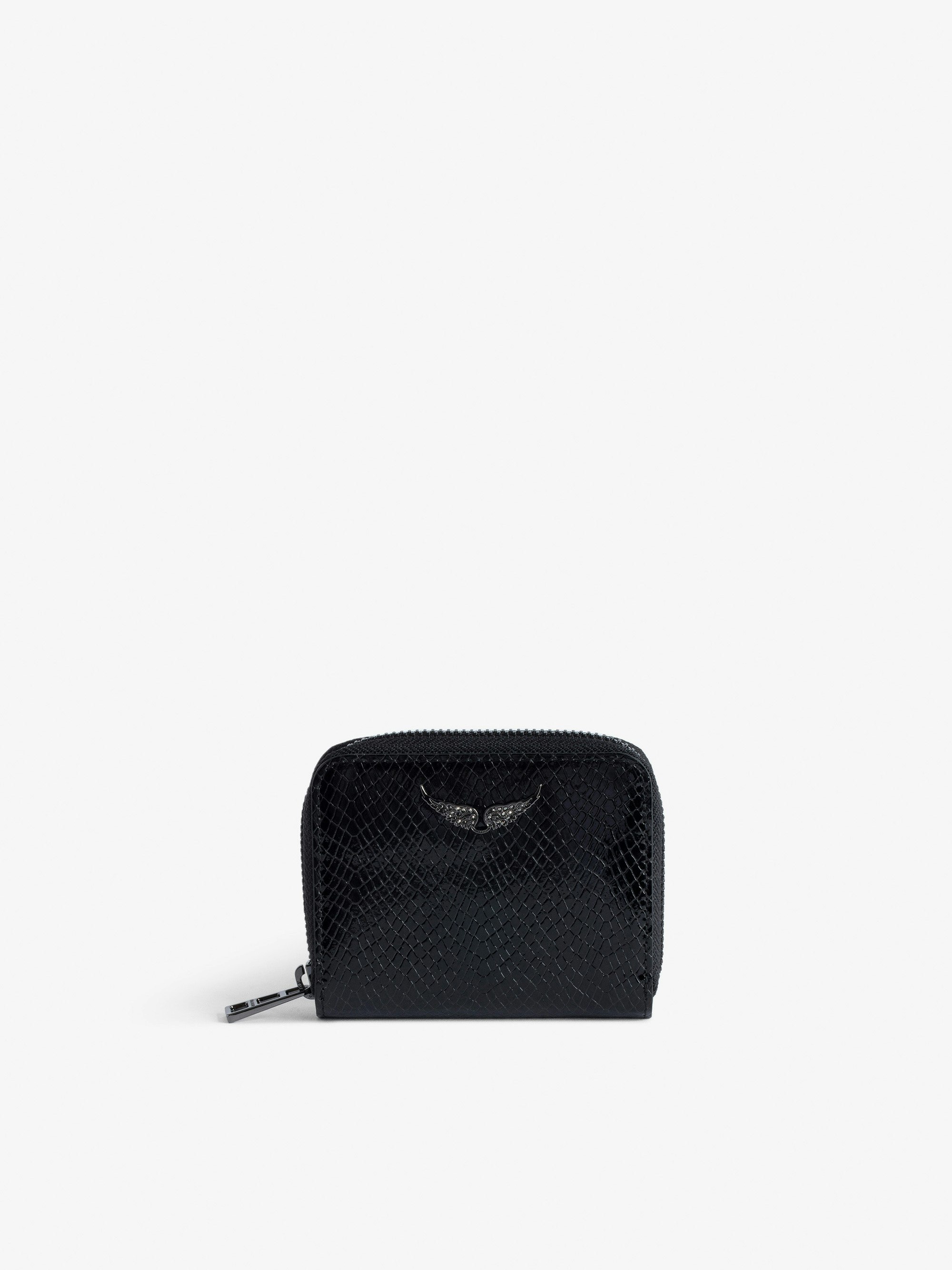 Portamonete Mini ZV Glossy Wild Goffrato - Portafoglio in pelle lucida nero effetto pitone con charm ali in strass da donna.