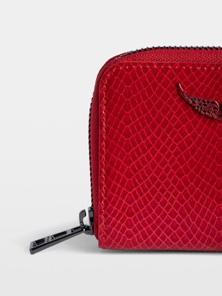 Porte-Monnaie Mini ZV Glossy Wild Embossé - Portefeuille en cuir brillant effet python orné d'un charm ailes à strass.