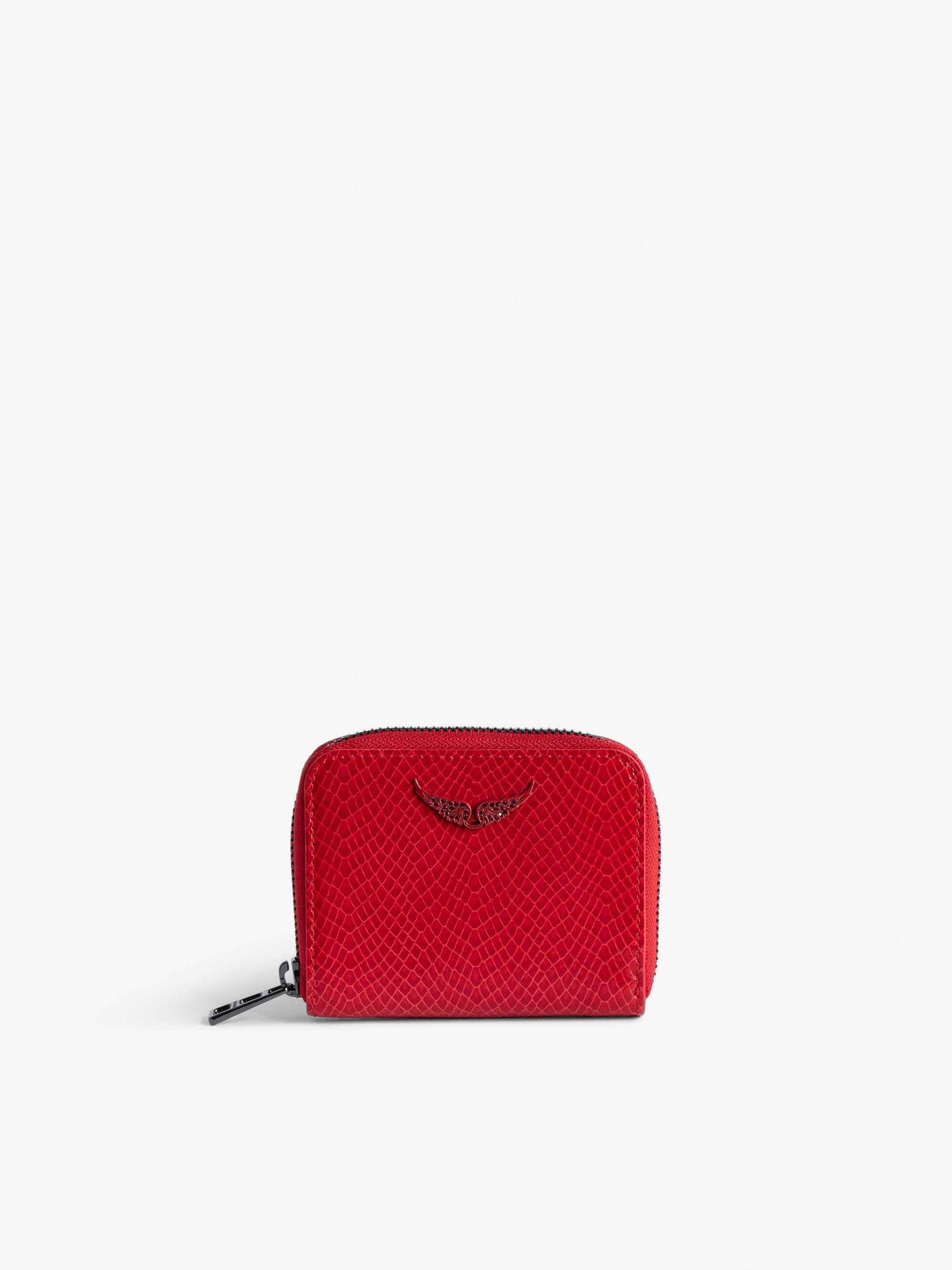 Portemonnaie Mini ZV Glossy Wild Prägung - Brieftasche aus glänzendem, rotem Leder mit Python-Effekt mit einem Flügel-Charm aus Strasssteinen für Damen.
