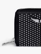 Mini ZV Dotted Swiss Coin Purse - Women’s black grained leather wallet with studs and wings charm.