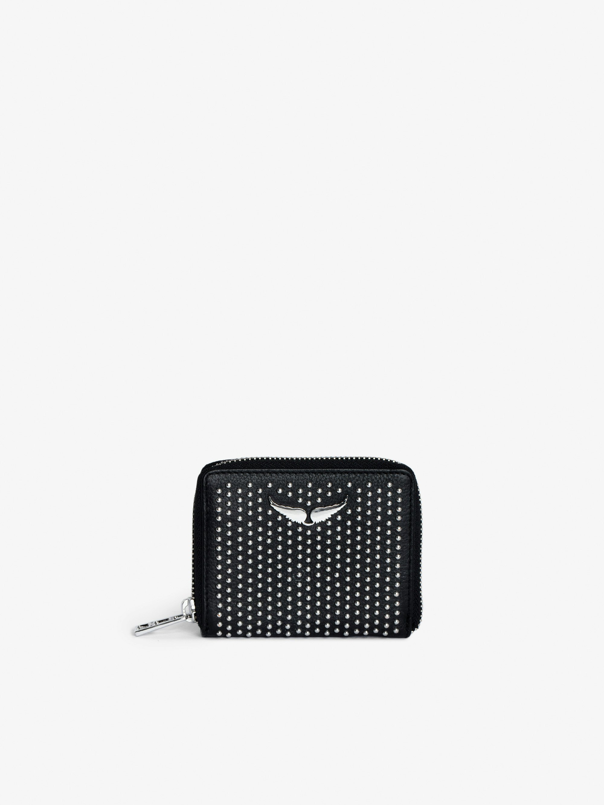 Mini ZV Dotted Swiss Coin Purse - Women’s black grained leather wallet with studs and wings charm.