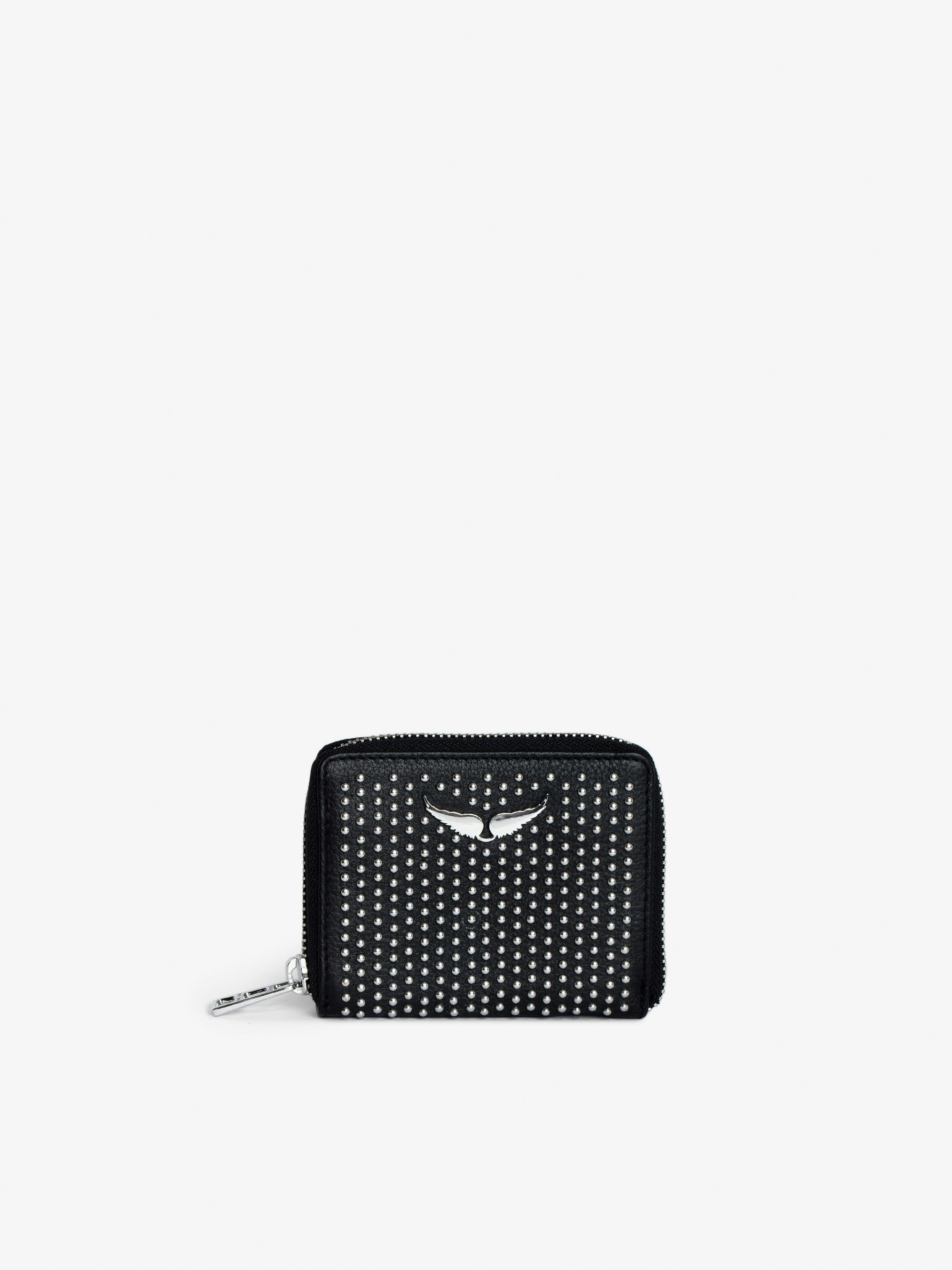 Portamonete Mini ZV Plumetis - Portafoglio in pelle granulata nero con borchie e charm ali da donna.