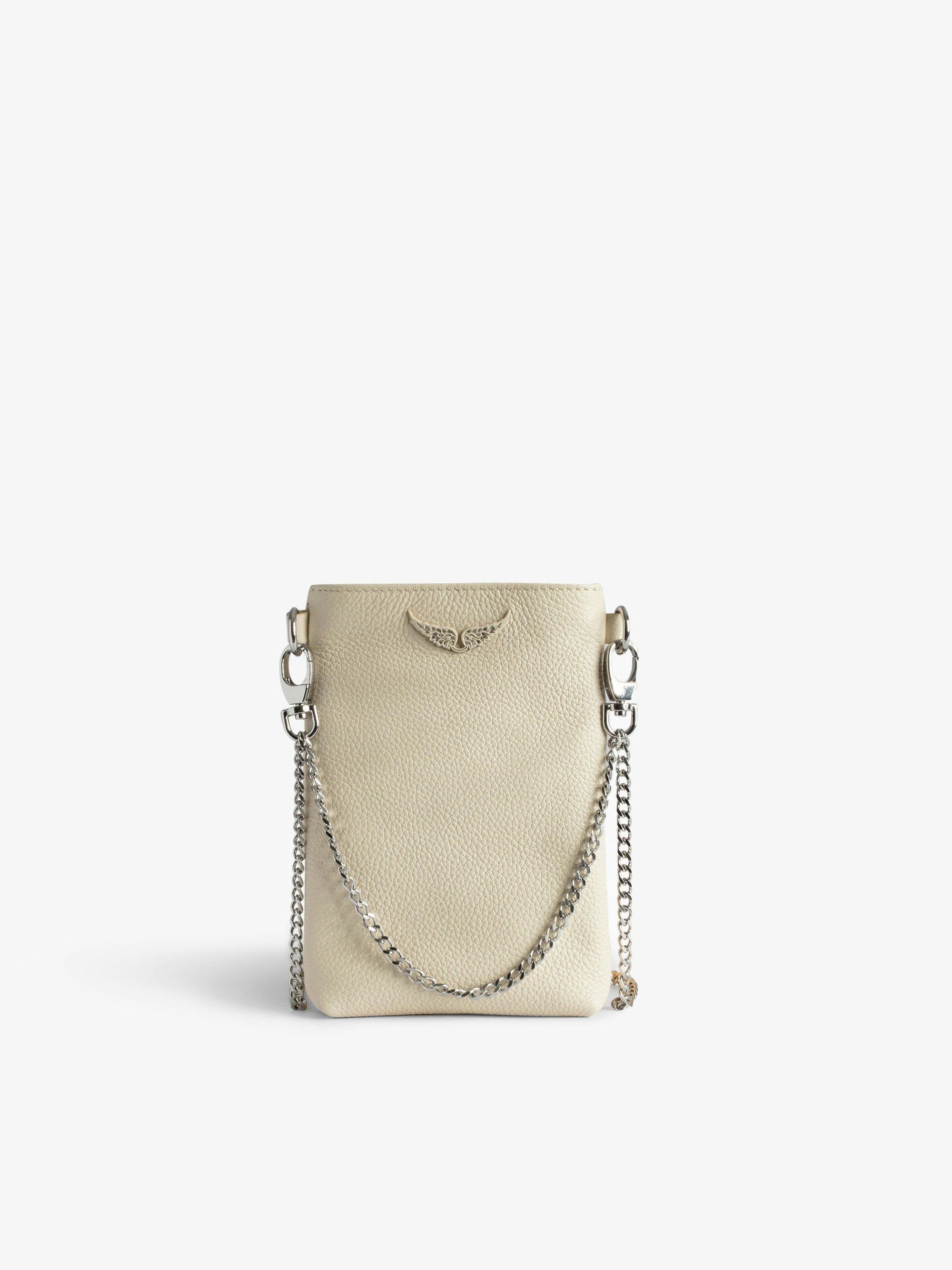 Rock Pouch Clutch - Women’s ecru grained leather phone pouch with chains and diamanté wings charm.