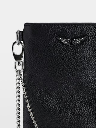 Phone Pochette Pouch Rock - Leather phone case clutch with chains and wing signature.