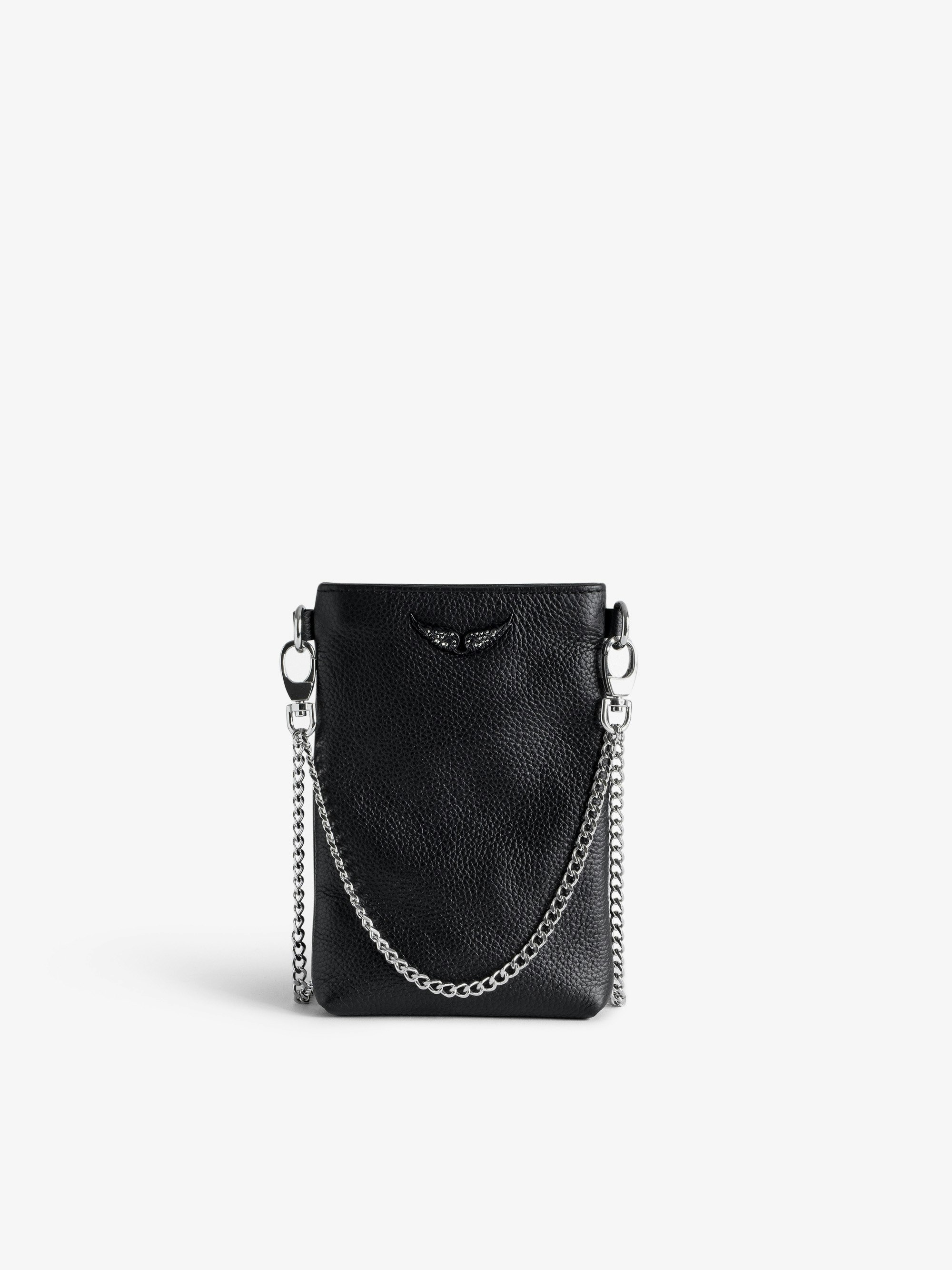 Rock Phone Pouch Clutch - Women’s black grained leather phone pouch with chains and diamanté wings charm.