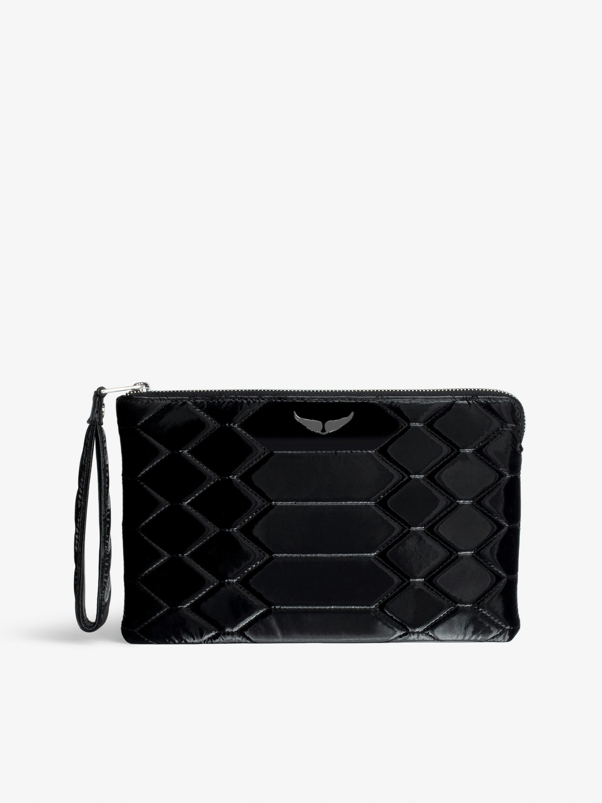 Uma Quilted Clutch - Women’s black quilted python-effect clutch with wings charm.