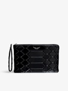 Clutch Uma Gesteppt - Schwarze, gesteppte Clutch mit Python-Effekt und Flügel-Charm für Damen.