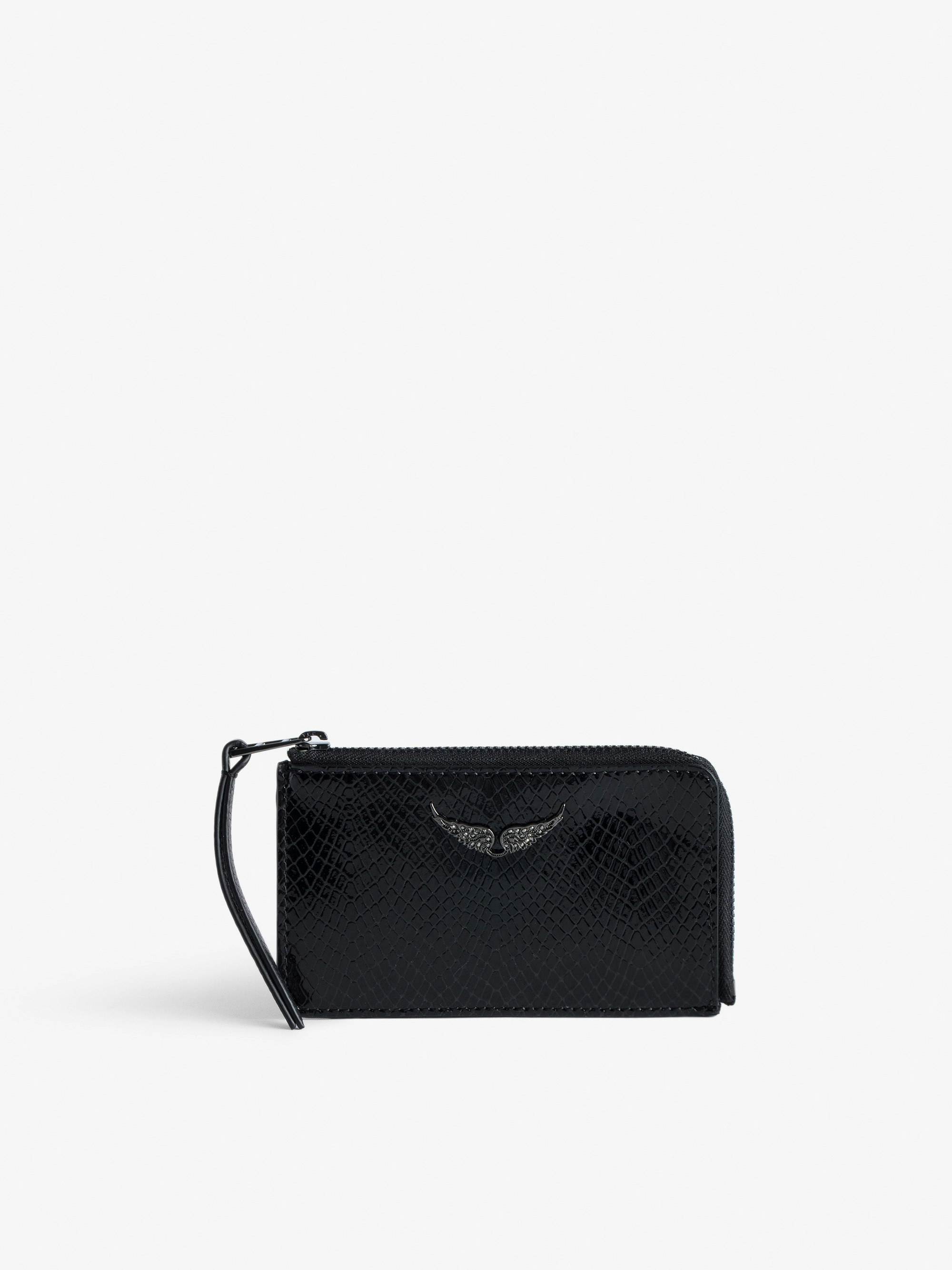 ZV Card Glossy Wild Embossed Card Holder - Women’s black python-effect patent leather card holder with wings charm.